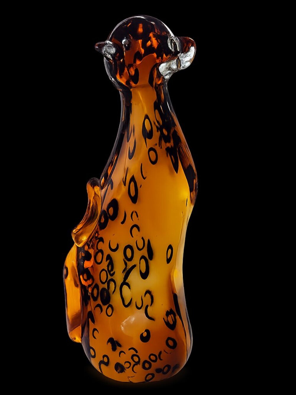 Vintage Amber Black Spotted Art Glass Cat Murano Style Hand Blown MCM Decor NEW